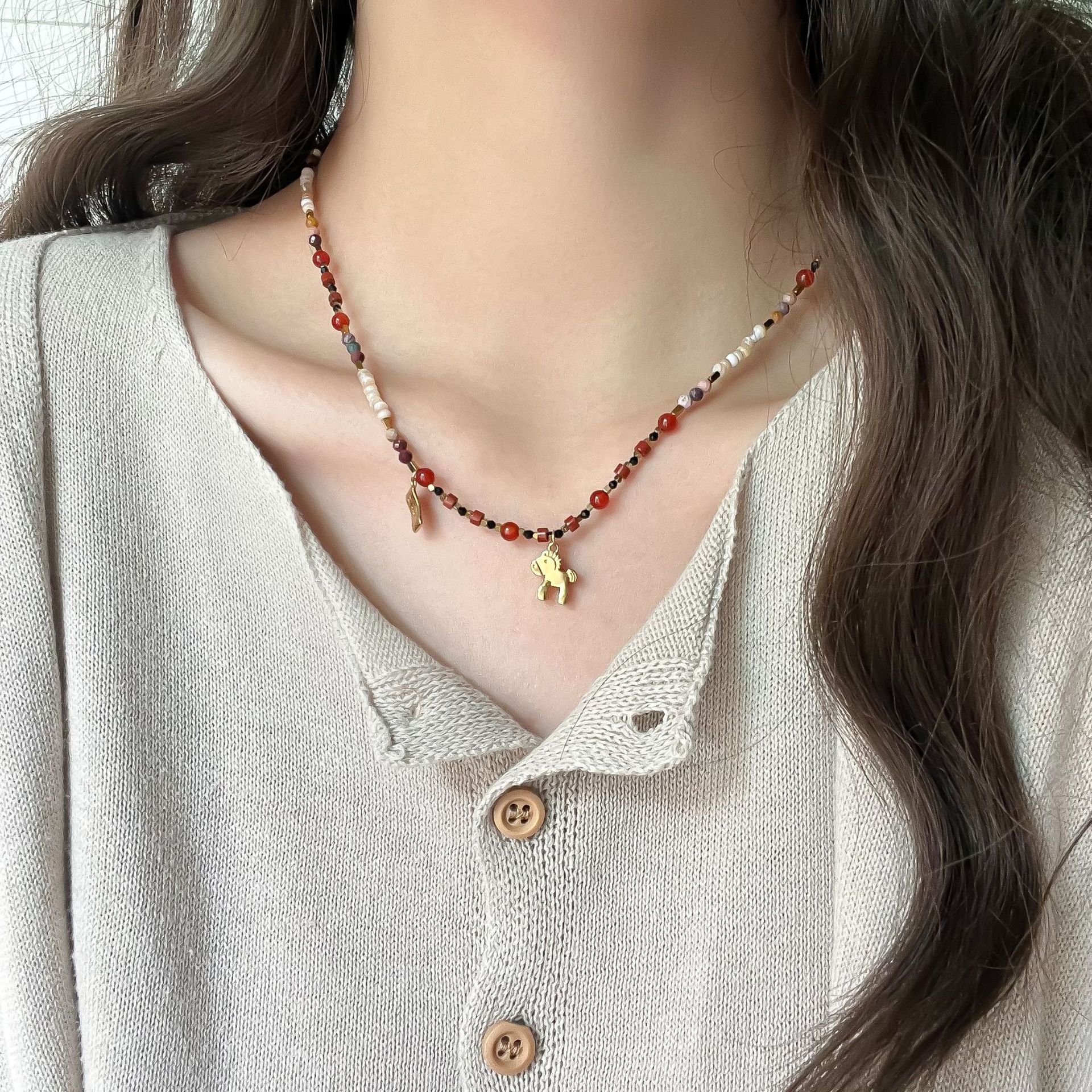 Retro Anqila Red Dunhuang-style Colorful Red Agate Layered Beaded Necklace