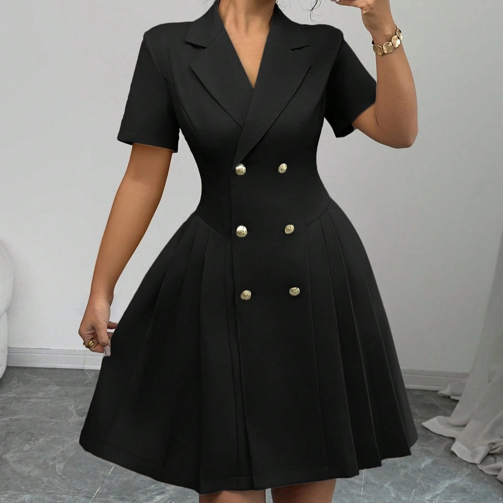 Solid Color Short-sleeved Waist-cinching Double-breasted Dress For Women