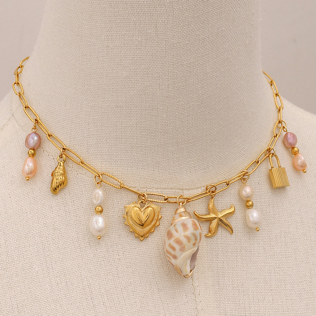 Stainless Steel Heart-shaped Pearl Pendant Necklace
