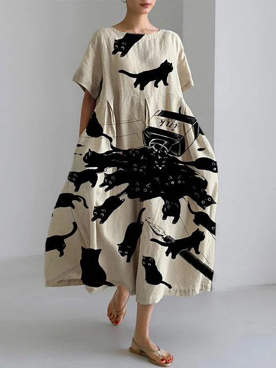 3D Printed Round Neck Short Sleeve Plus Size Dress Women