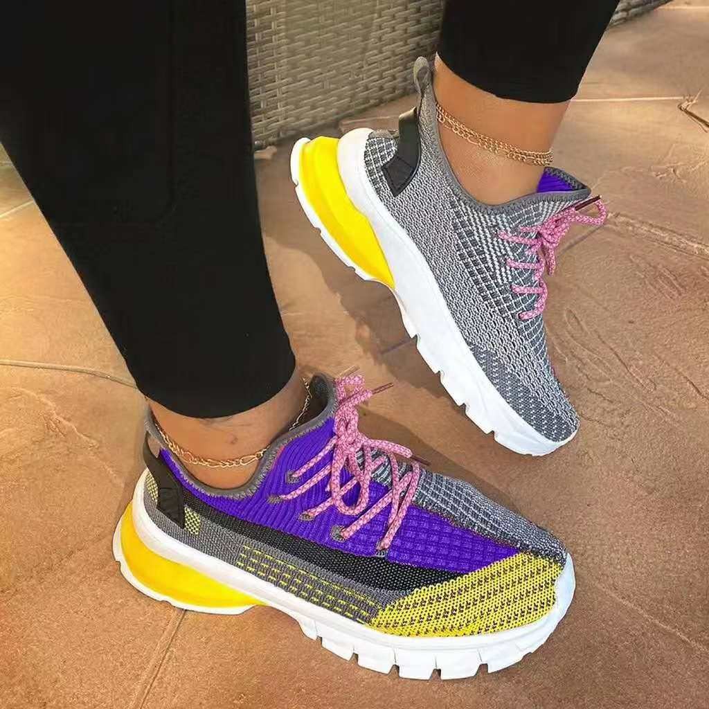 Low-cut Color Matching Round Toe Flat-bottom Flying Knit Sneakers Women