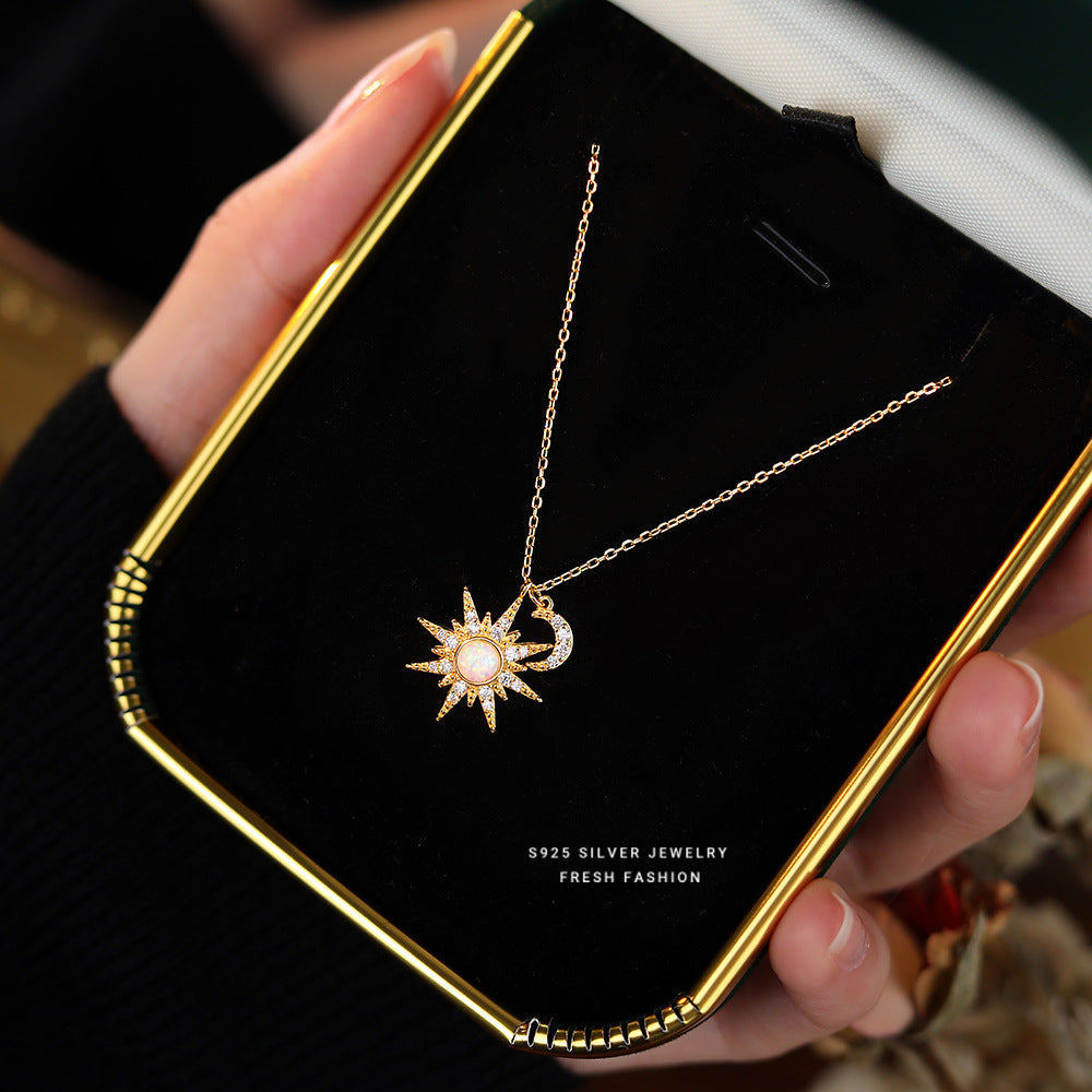 S925 Sterling Silver Eight Awn Star Moon Tooth Opal Stone Necklace
