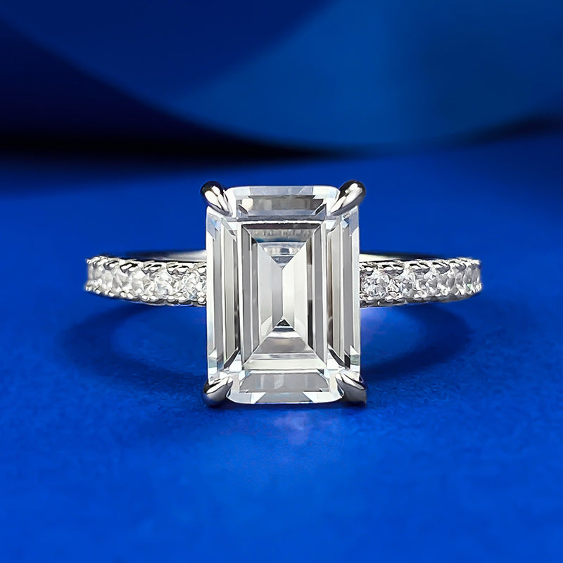 S925 Silver High Carbon Rhinestone Ring Rectangular