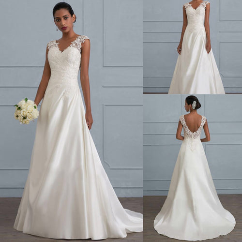 A white lace and satin A-line wedding dress with a V-neck, cap sleeves, and a train, shown from multiple angles.