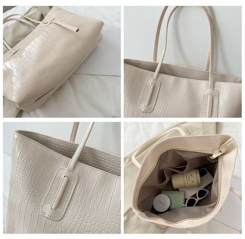 Four-panel view of an off-white faux leather tote bag with a crocodile texture, slim straps, and organized interior.