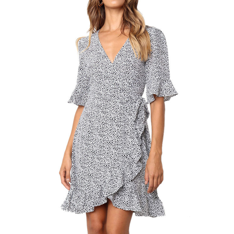 V-neck Floral Print Short Sleeve Women Dress