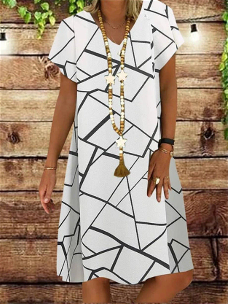 Glass Partition Printed Short-Sleeved V-Neck Dress Mid-Length Skirt Women