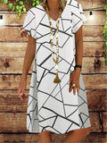 Glass Partition Printed Short-Sleeved V-Neck Dress Mid-Length Skirt Women