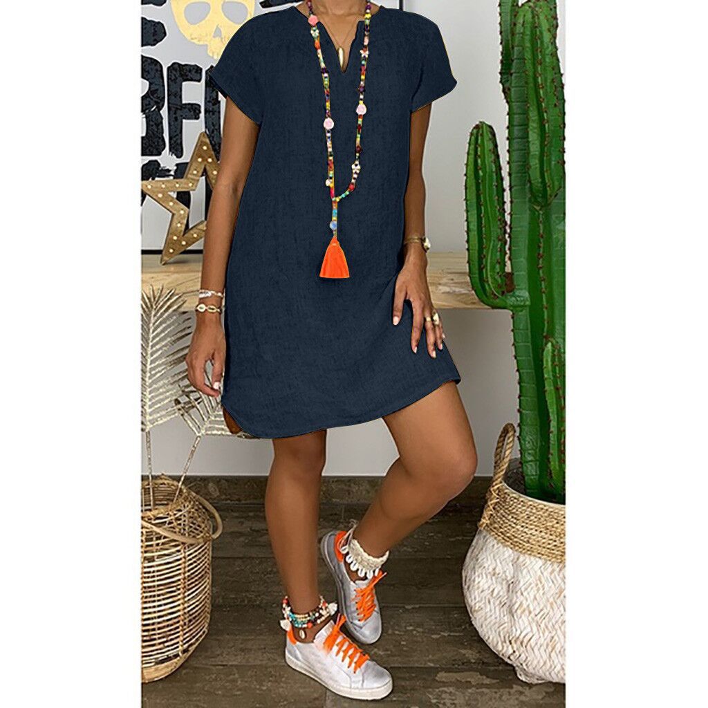 Summer Loose Solid Color Short Sleeved V Neck Cotton And Linen Dress Women