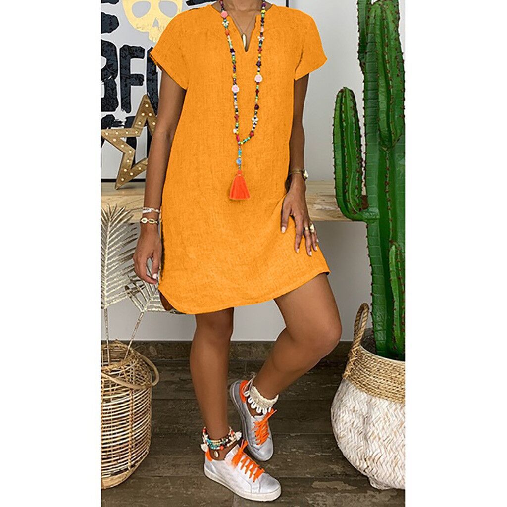 Summer Loose Solid Color Short Sleeved V Neck Cotton And Linen Dress Women