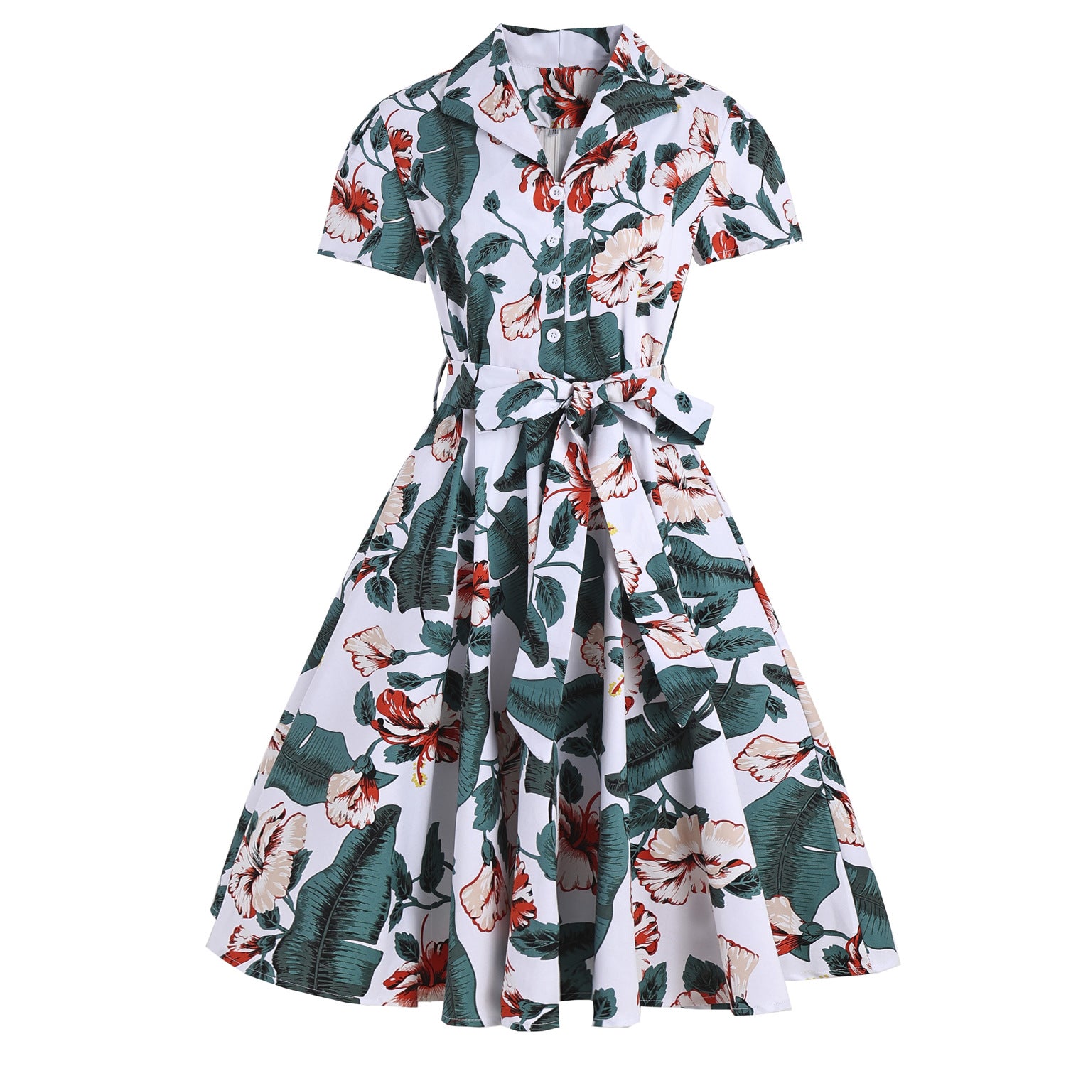 Retro Sexy Lapel  Short Sleeved Print Lace Up Big Dress Women