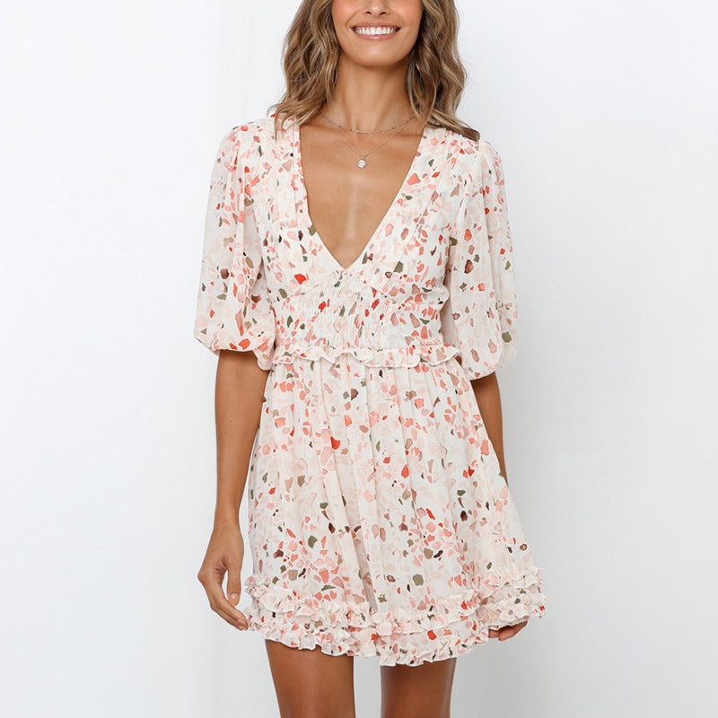 SummerForeign Trade Net Red Hot Style Small Fresh Chiffon V-neck Printed Short-Sleeved Dress Women
