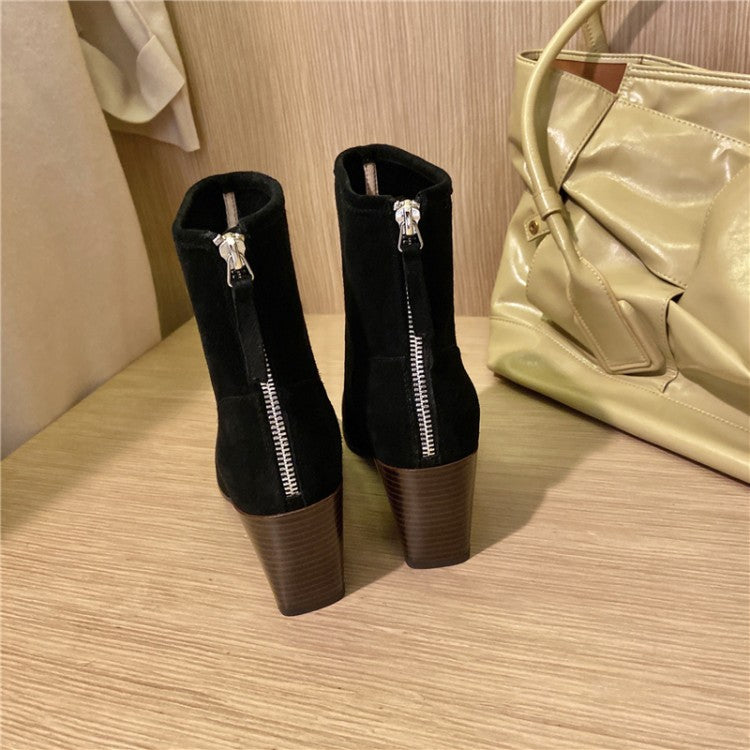 Thin Skinny Boots Cow Leather Pointed Thick High-heeled Short Boots Retro Brown Single Boots Women