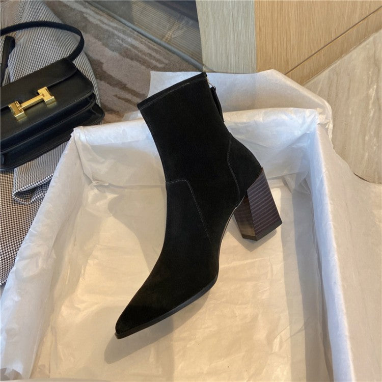 Thin Skinny Boots Cow Leather Pointed Thick High-heeled Short Boots Retro Brown Single Boots Women
