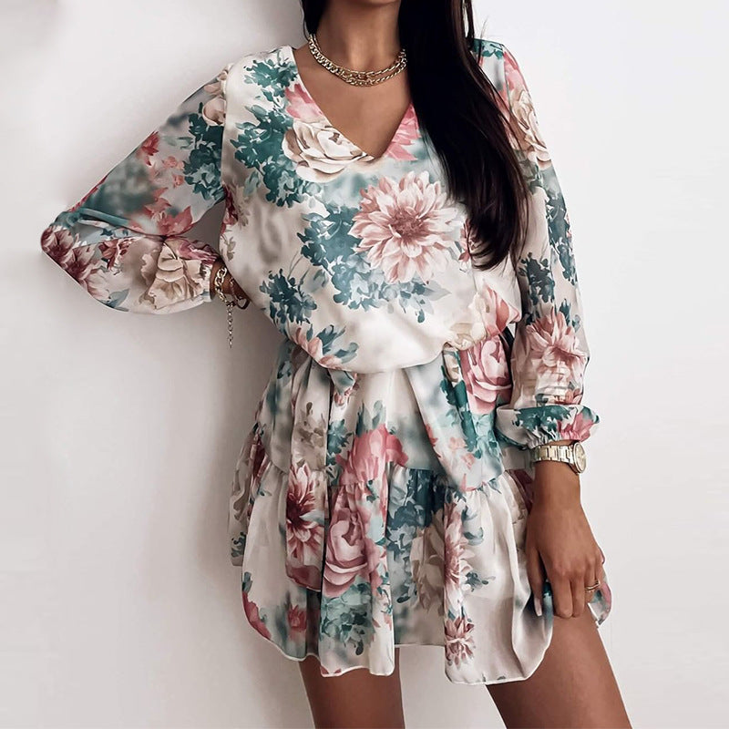 European And American Style, High Waist, Thin, Rural, Fresh, V-Neck Design, Printed Dress, Short Skirt, Women