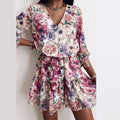 European And American Style, High Waist, Thin, Rural, Fresh, V-Neck Design, Printed Dress, Short Skirt, Women
