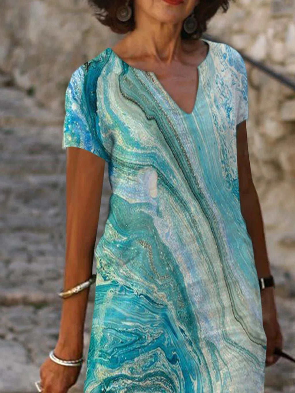 Gradient Color Tie Dye Short Sleeved V Neck Mid Length Dress Women