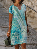 Gradient Color Tie Dye Short Sleeved V Neck Mid Length Dress Women
