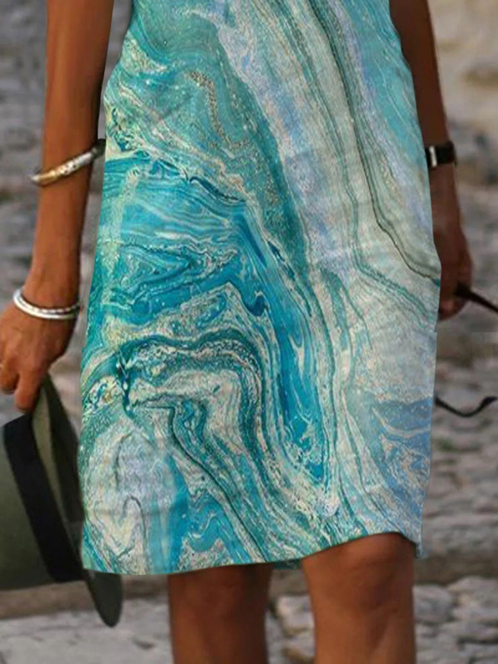 Gradient Color Tie Dye Short Sleeved V Neck Mid Length Dress Women