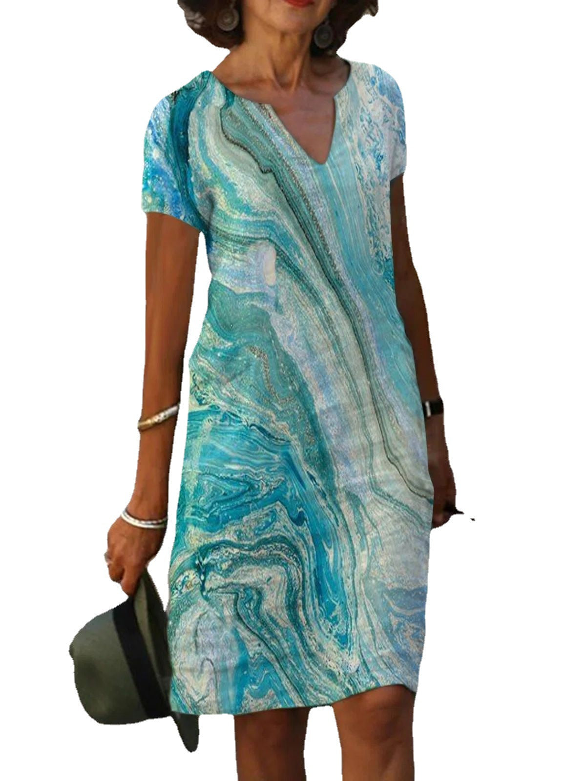 Gradient Color Tie Dye Short Sleeved V Neck Mid Length Dress Women