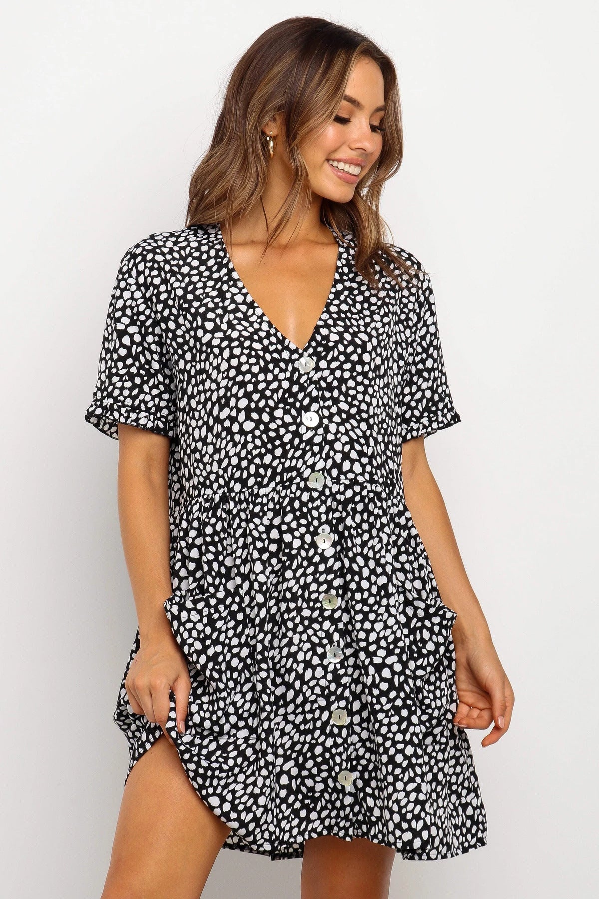 Short Sleeve Polka Dot Print Buttoned Pocket Dress Women
