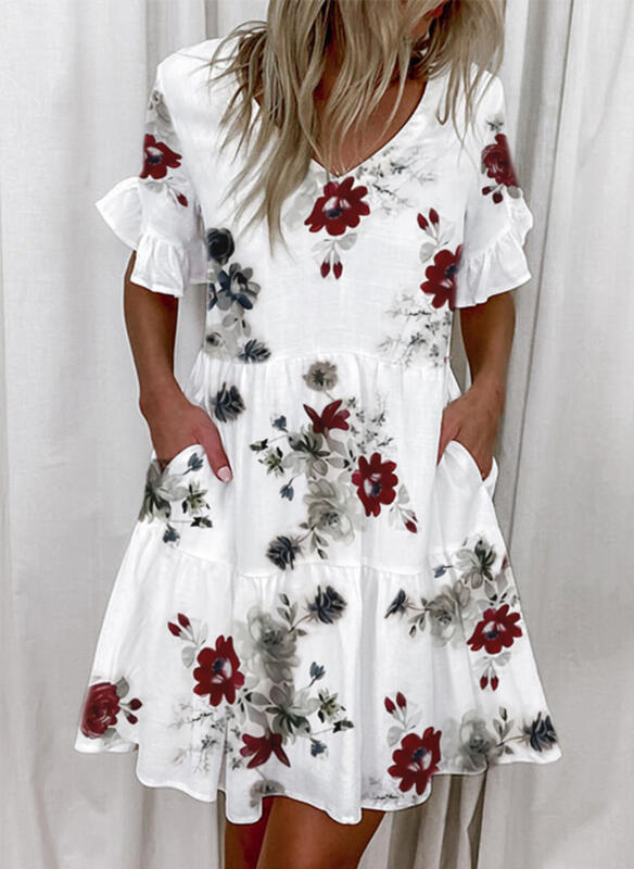 Printed Ruffled Pocket Dress Women