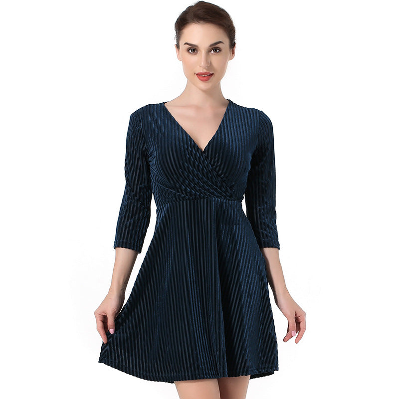 Sexy Fashion Three-Quarter Sleeves Slim Short Solid Color Velvet Dress Women