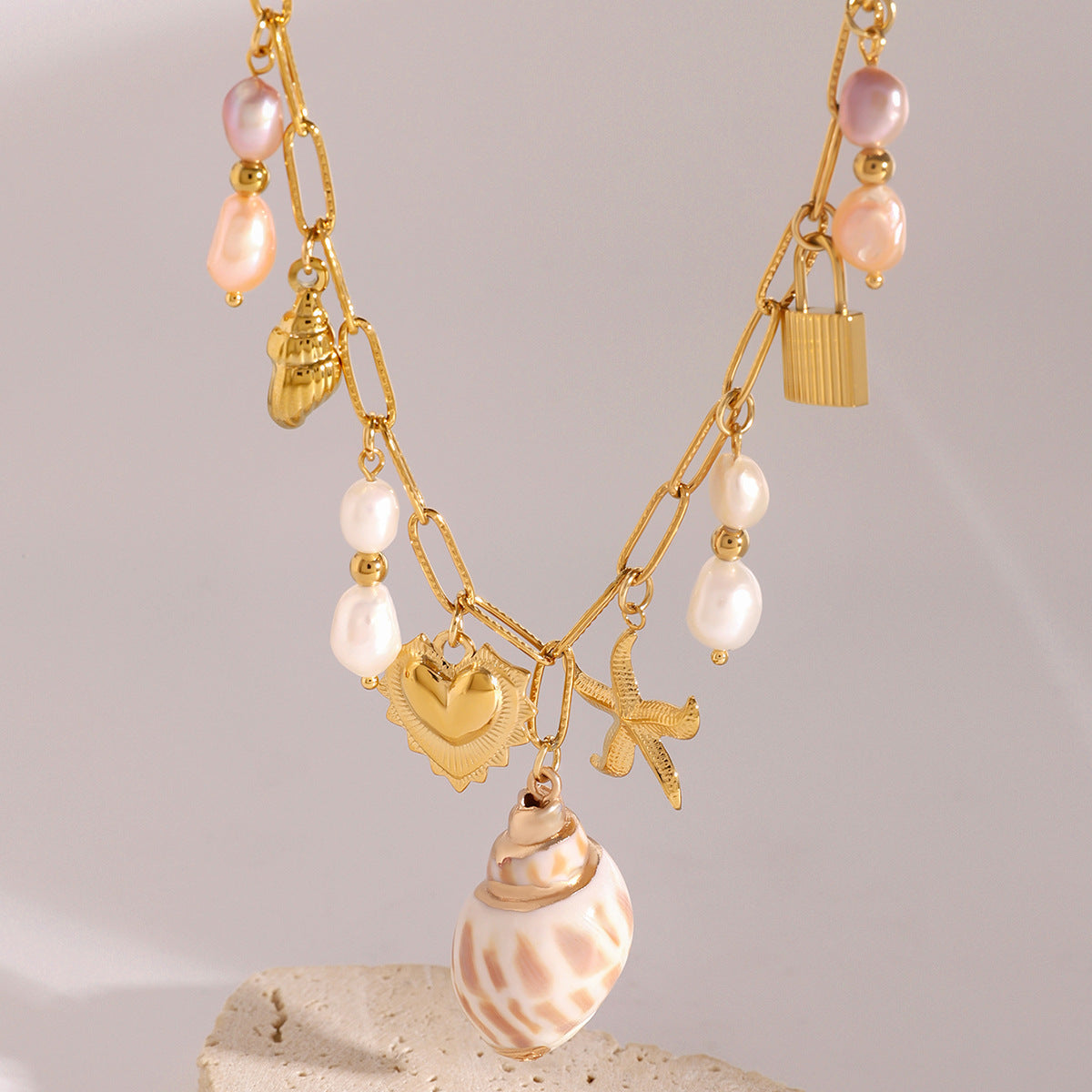 Stainless Steel Heart-shaped Pearl Pendant Necklace