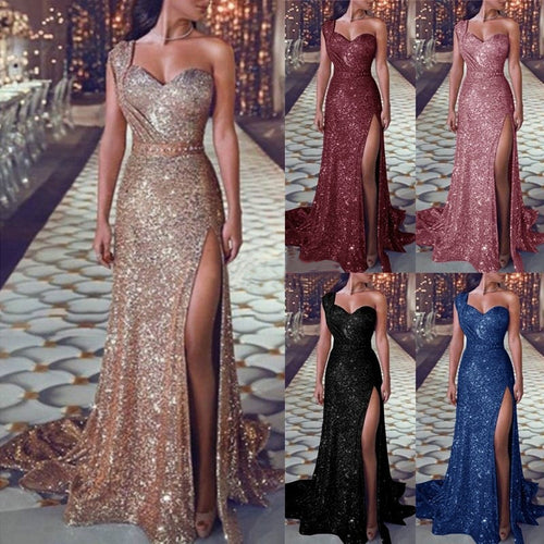 A bronze sparkly one-shoulder maxi dress with a thigh-high slit and a small train, shown in five colors.