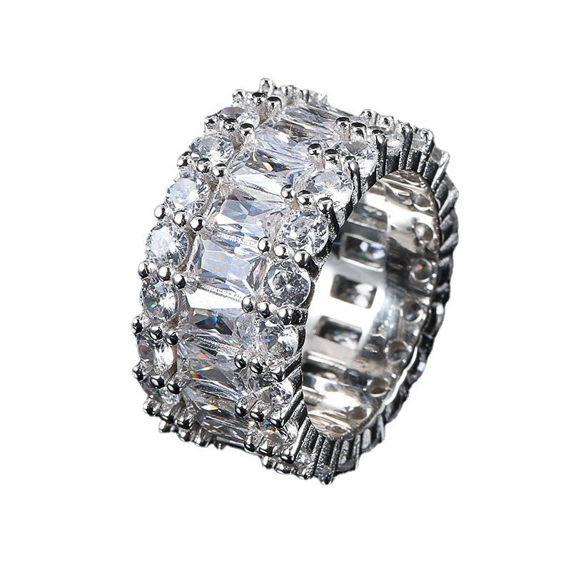 Hip Hop Bar Zircon Ring Copper Inlaid Three Row Baguette Diamond Tennis Chain Women's