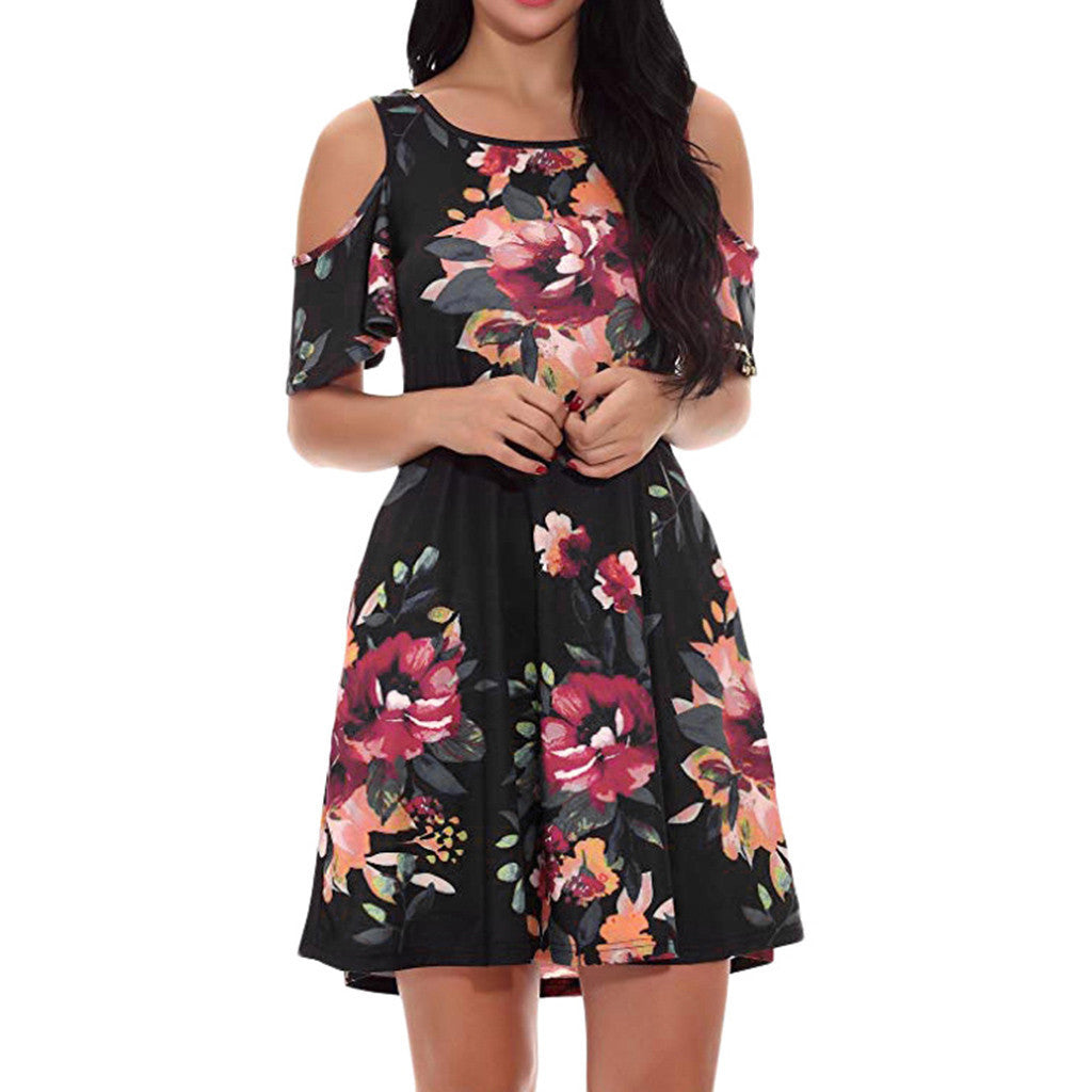Off The Shoulder Printed Short Sleeved Large Swing Dress Women