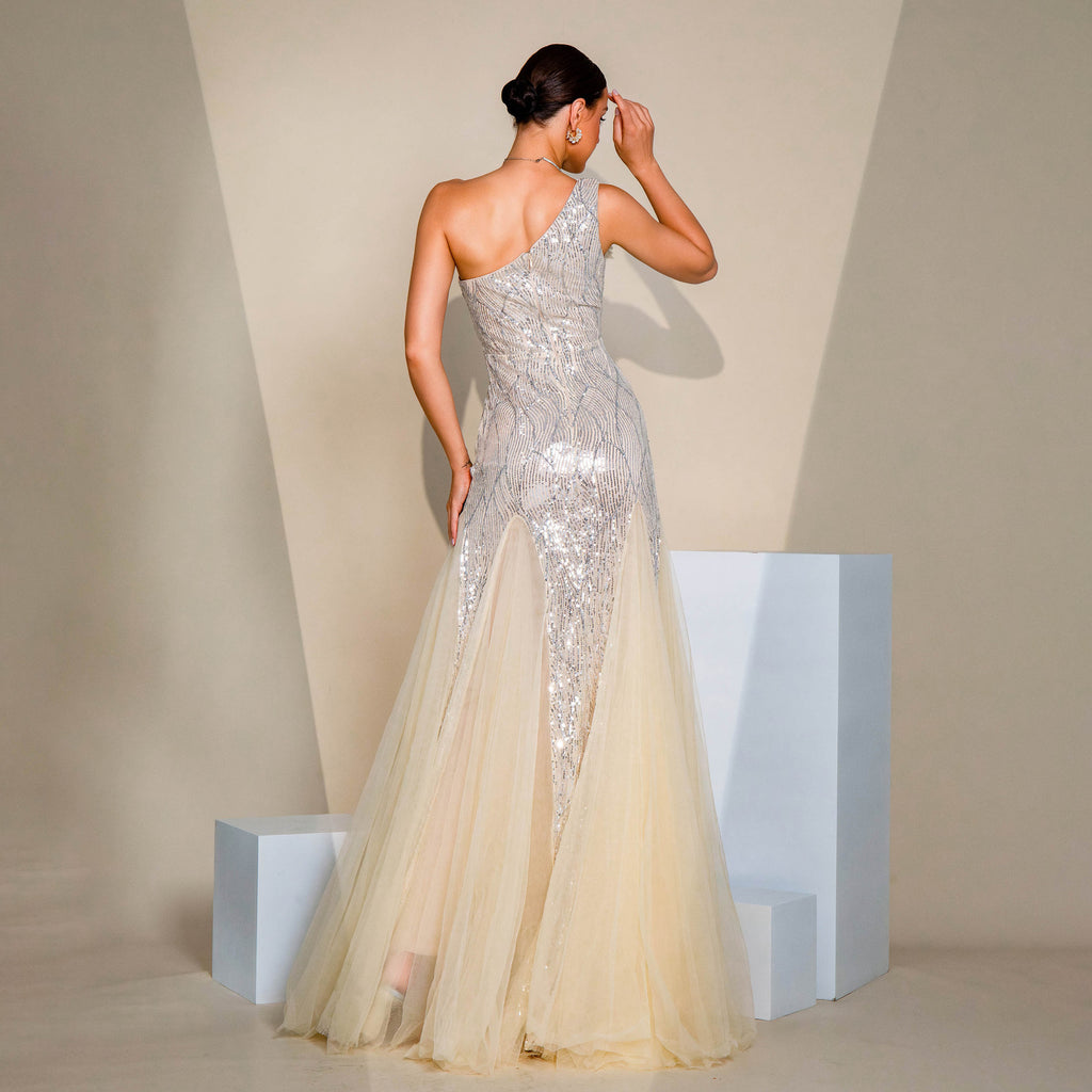 One-shoulder Diagonal Collar Slim-fit Sheath Sequined Slit Evening Dress