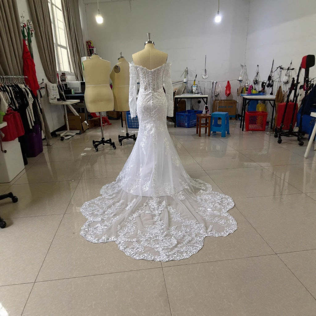 Off-shoulder Lace Long Sleeve Fishtail Gown