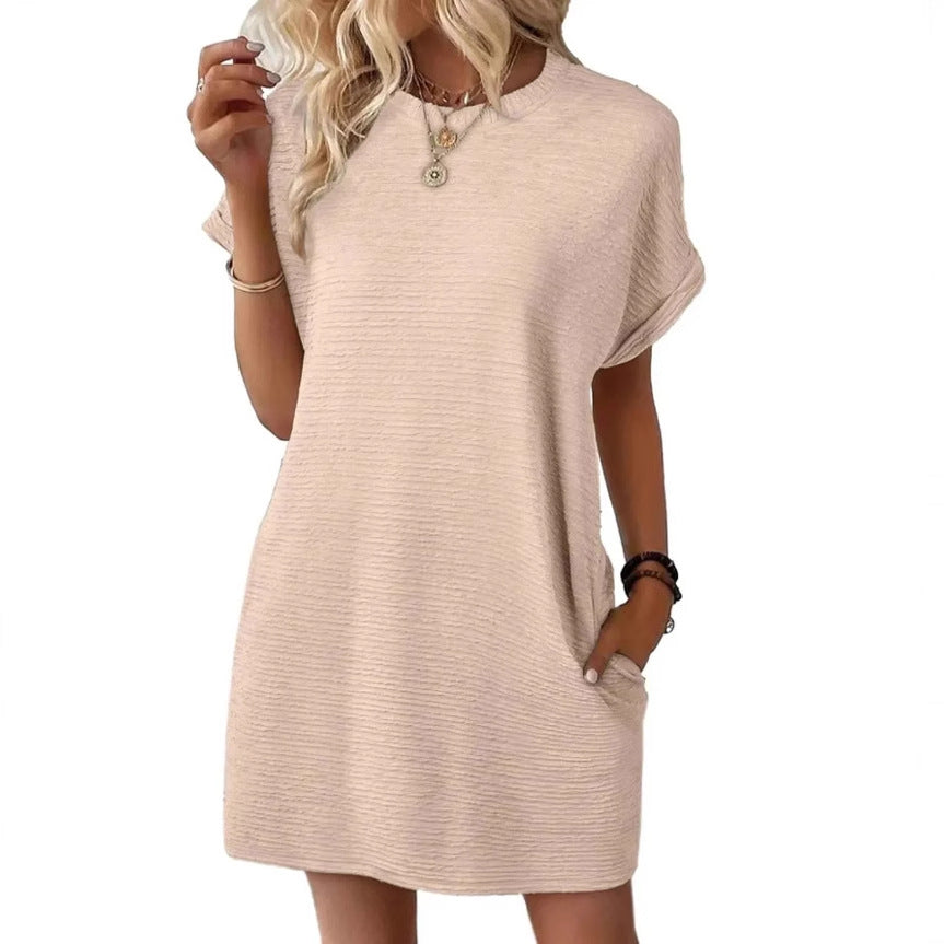 Summer New Loose Round Neck Pocket Solid Color Short Sleeve Dress Women