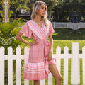 Summer New Style Printed V-Neck Short-Sleeved Lace-Up Pleated Dress Women