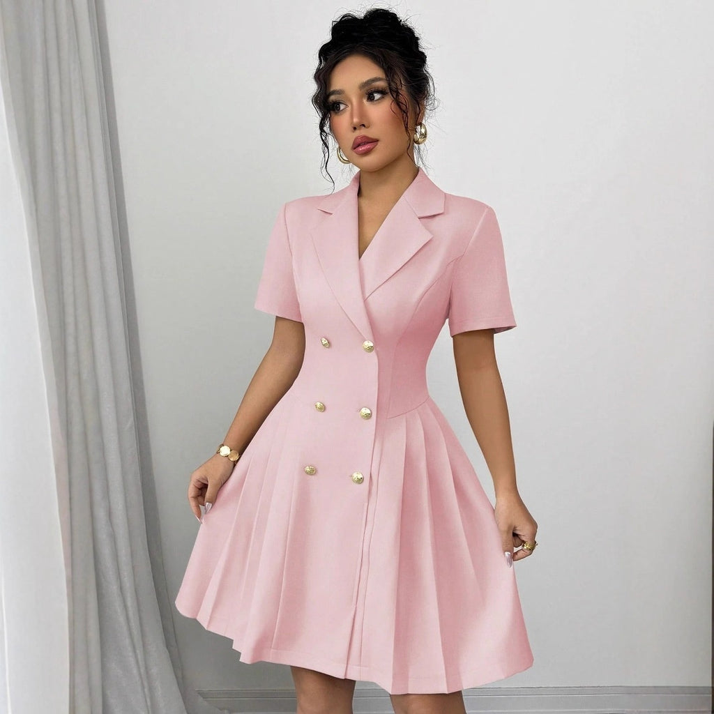 Solid Color Short-sleeved Waist-cinching Double-breasted Dress For Women