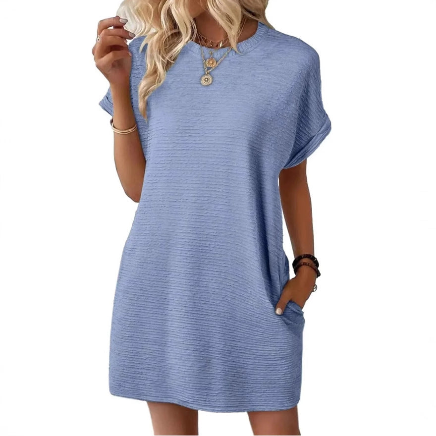 Summer New Loose Round Neck Pocket Solid Color Short Sleeve Dress Women