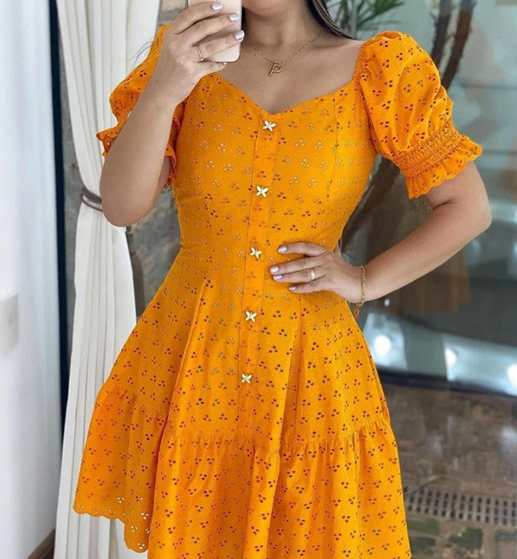 Short Sleeve Waist-controlled Hollow Dress Women