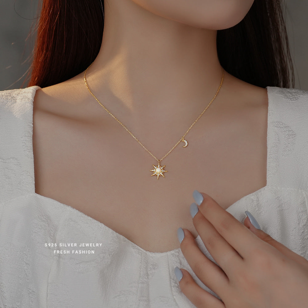 S925 Sterling Silver Eight Awn Star Moon Tooth Opal Stone Necklace