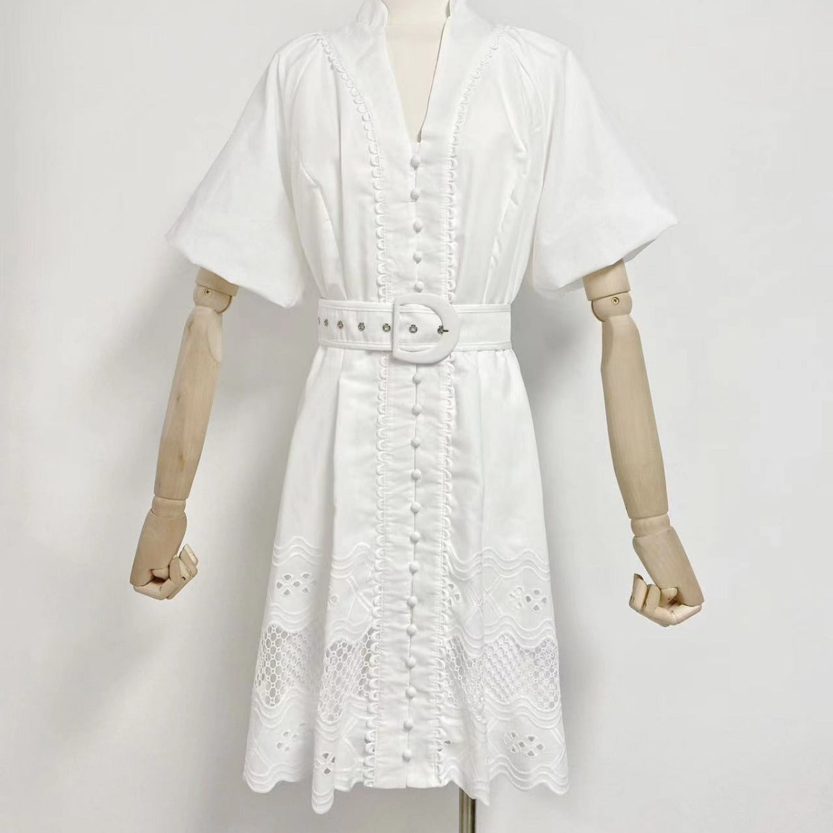 V-neck Puff Sleeve Single Breasted Belt Waist Trimming Short Dress Women