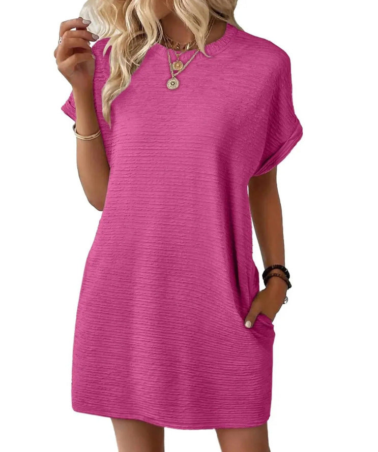Summer New Loose Round Neck Pocket Solid Color Short Sleeve Dress Women