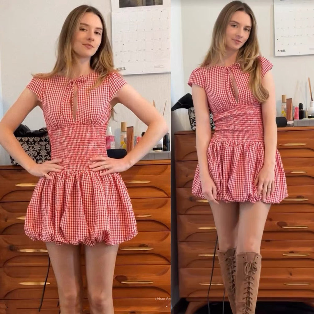 Red Pattern Hollow Out Short Sleeve Dress Women