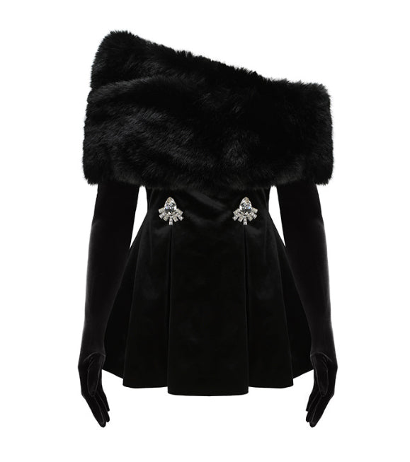 Red Dress Sexy Off-the-shoulder Plush Short Skirt For Women