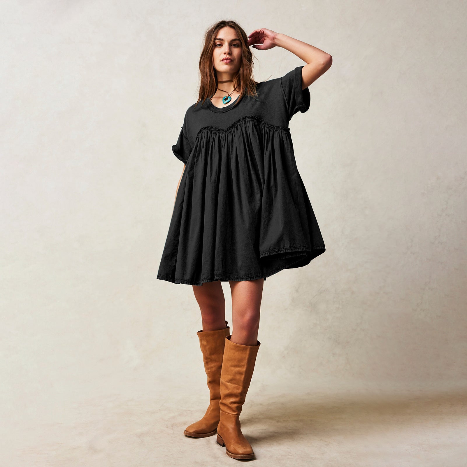 Lotus Leaf Short Skirt High Waist Spring And Summer New Casual Short Sleeve Round Neck Holiday Dress Women