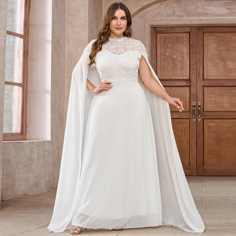 Women's Plus Size Solid Color Elegant Chiffon Round Neck Lace Stitching Cloak Evening Dress