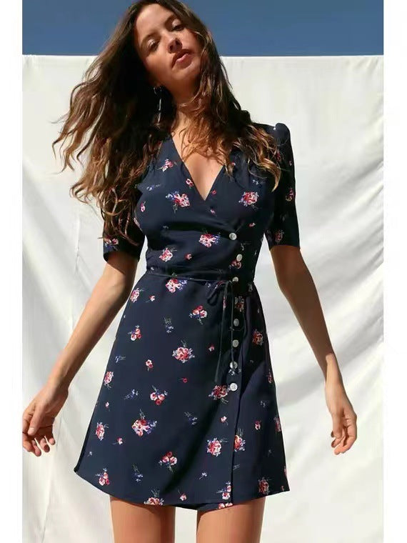Waist-tight Floral V-neck Short Dress Women