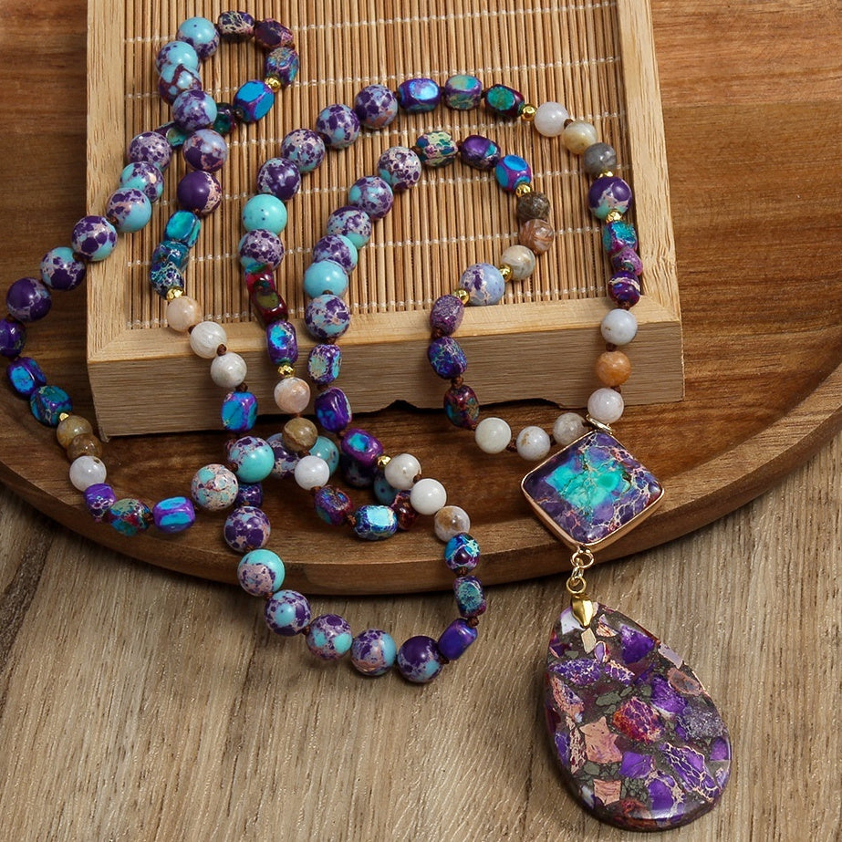 Natural Stone Knotted Necklace Diamond Drop Pendant Necklace