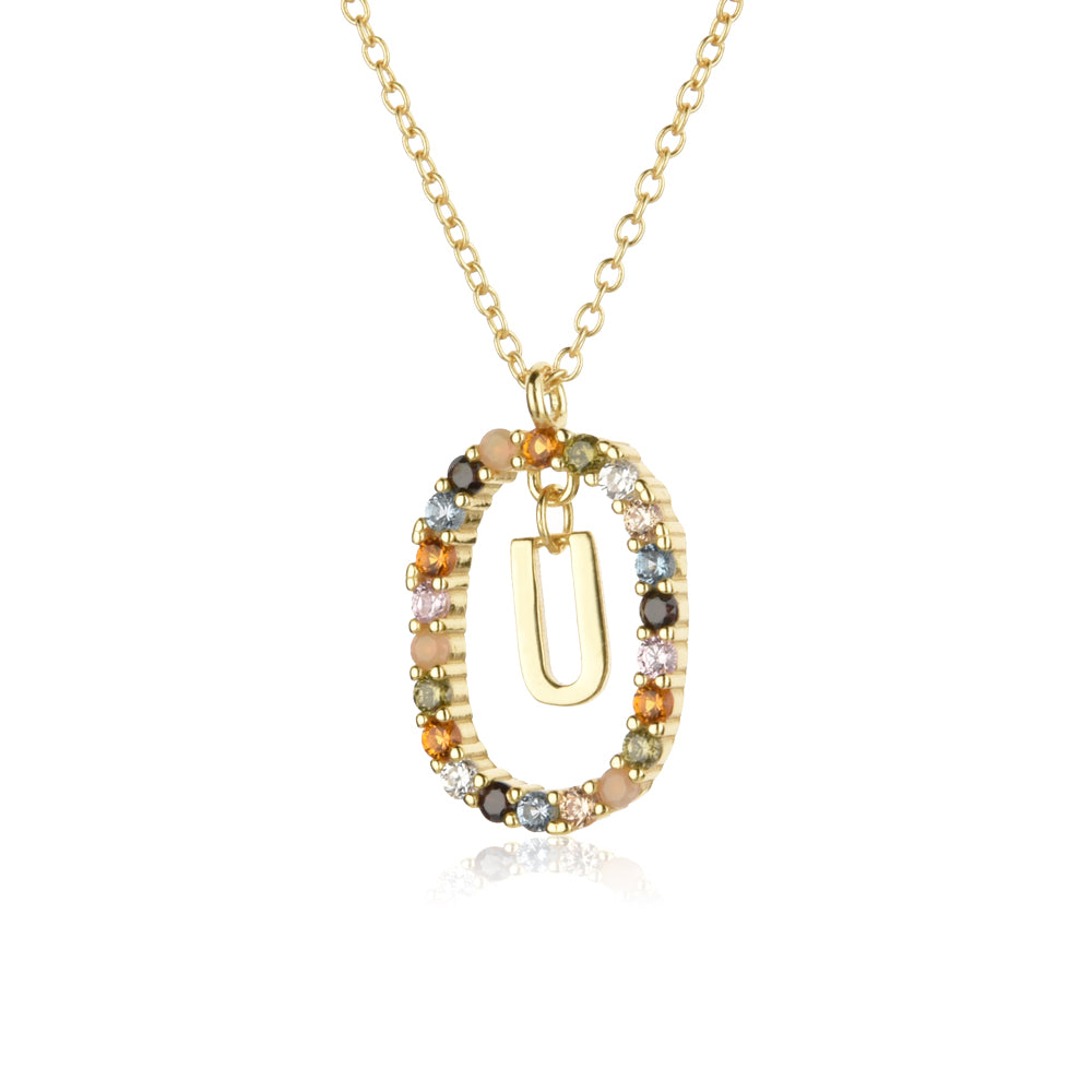 Colorful Rainbow Semi-precious Stone Crystal Clavicle Chain With Zirconium Letters