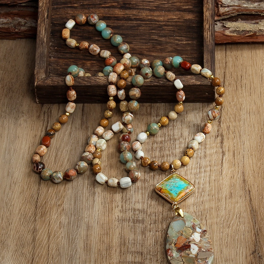 Natural Stone Knotted Necklace Diamond Drop Pendant Necklace