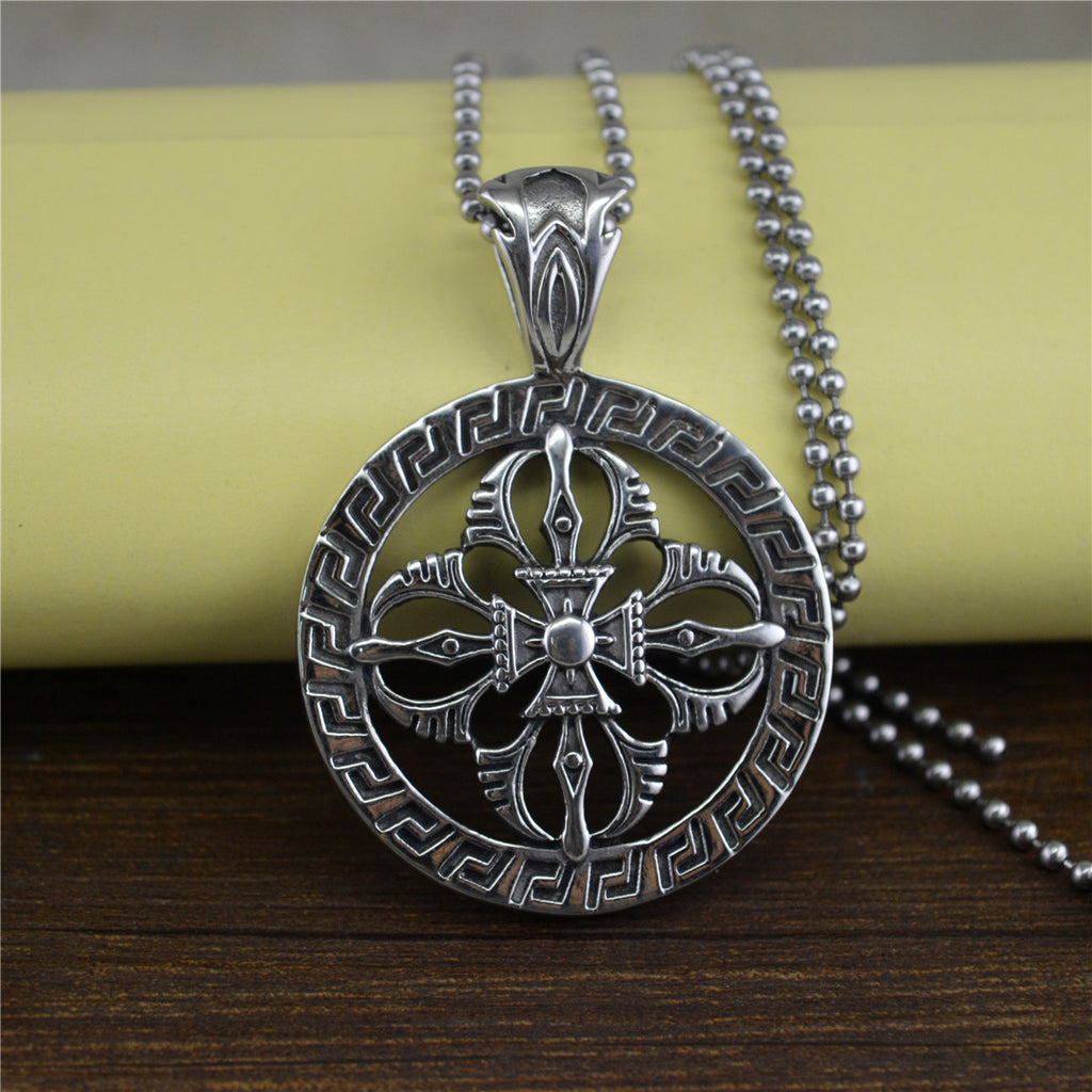 European And American Retro Personalized Hollow Cross Round Titanium Steel Pendant